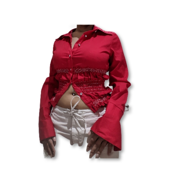 Ruched Y2K Red Flared Sleeves Blouse - Picture 1 of 4